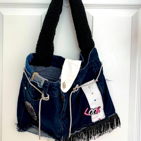Original Denim One of a kind .RawEdge bags handmade by Salina . Mixed materials - Picture 3 of 9